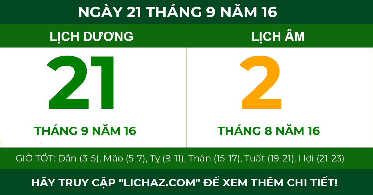 lịch âm ngày 21 tháng 9 năm 16