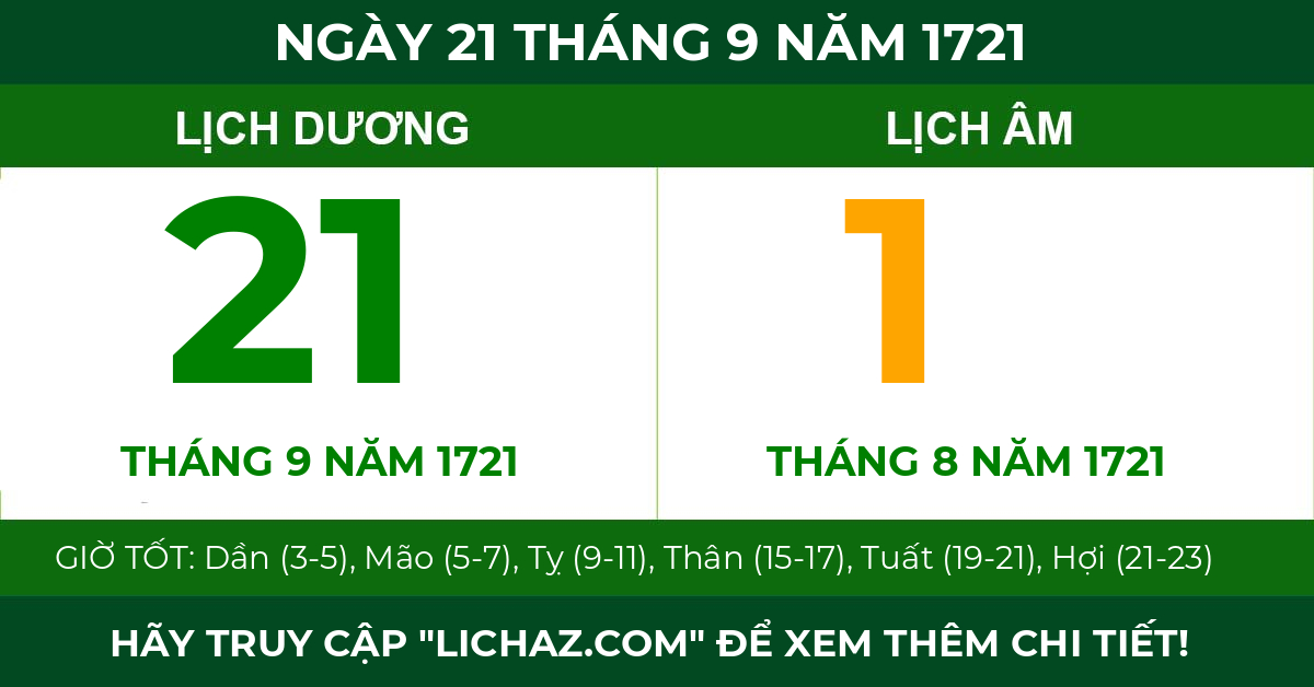 lịch âm ngày 21 tháng 9 năm 1721