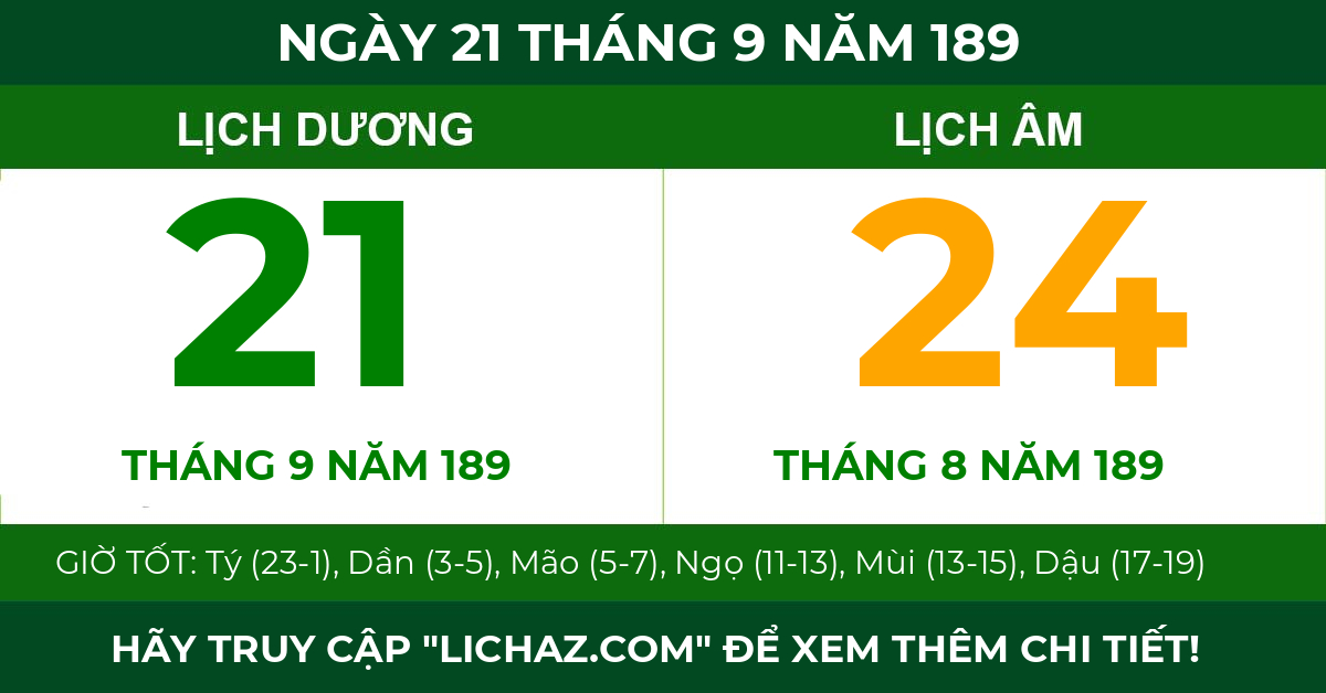 lịch âm ngày 21 tháng 9 năm 189