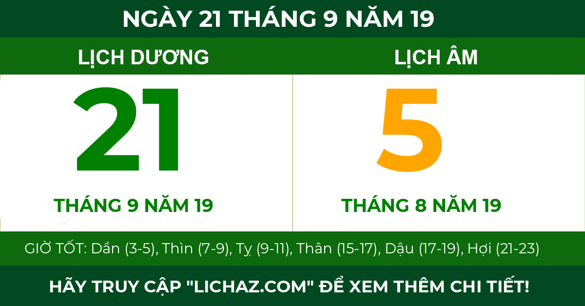 lịch âm ngày 21 tháng 9 năm 19
