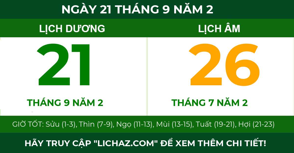 lịch âm ngày 21 tháng 9 năm 2