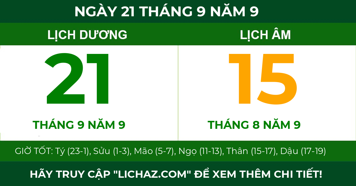 lịch âm ngày 21 tháng 9 năm 9