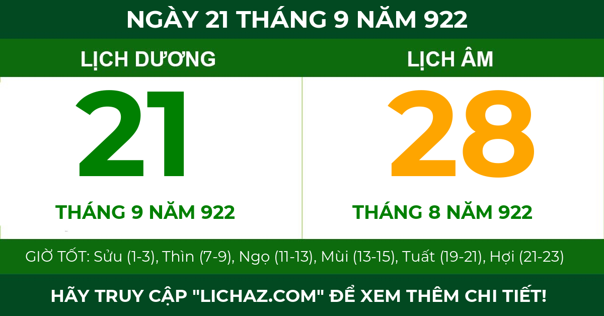 lịch âm ngày 21 tháng 9 năm 922