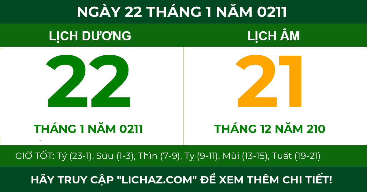 lịch âm ngày 22 tháng 1 năm 0211