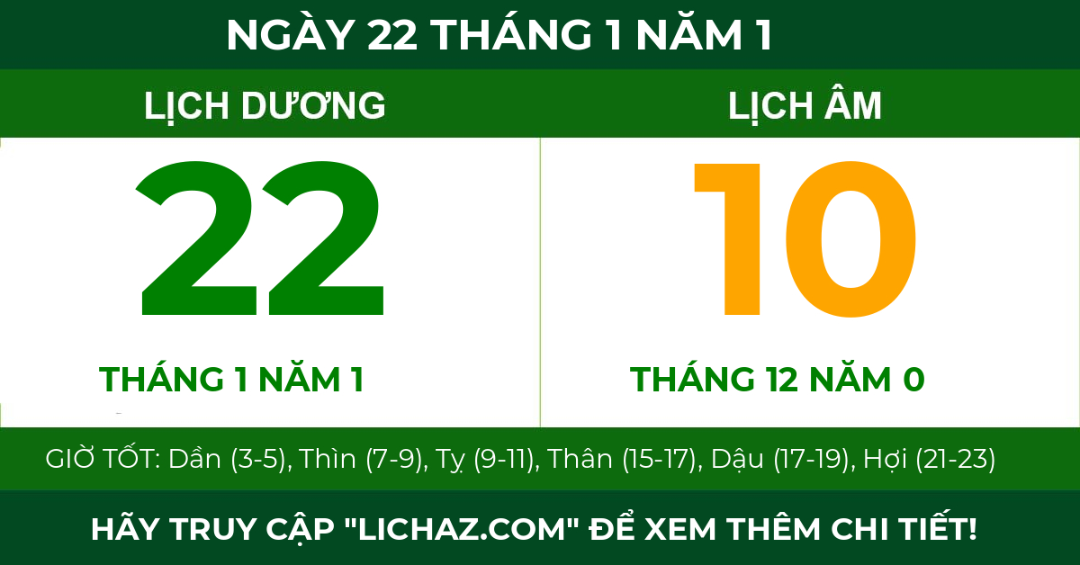 lịch âm ngày 22 tháng 1 năm 1