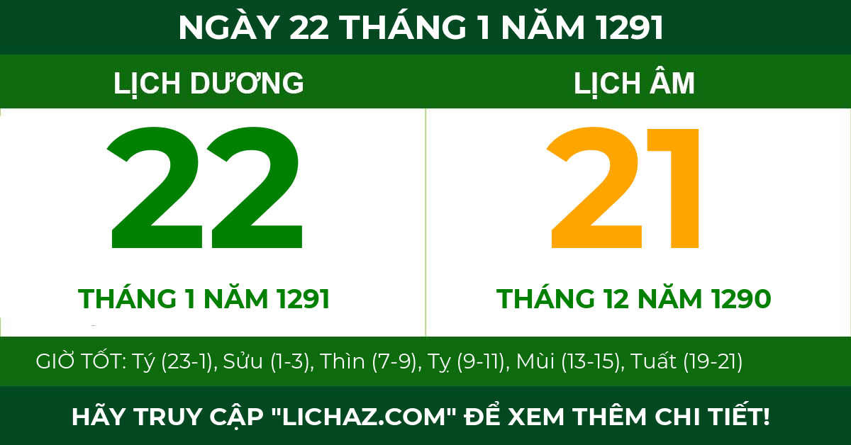 lịch âm ngày 22 tháng 1 năm 1291