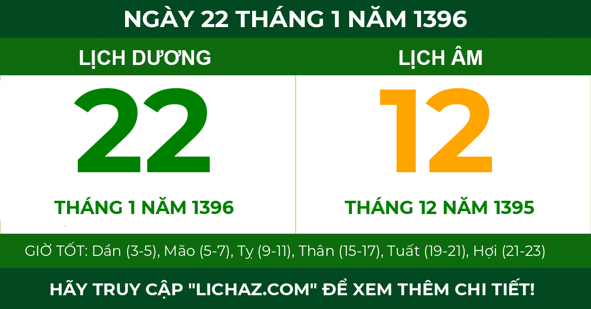 lịch âm ngày 22 tháng 1 năm 1396