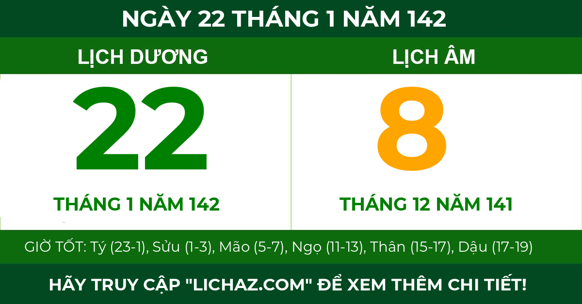 lịch âm ngày 22 tháng 1 năm 142