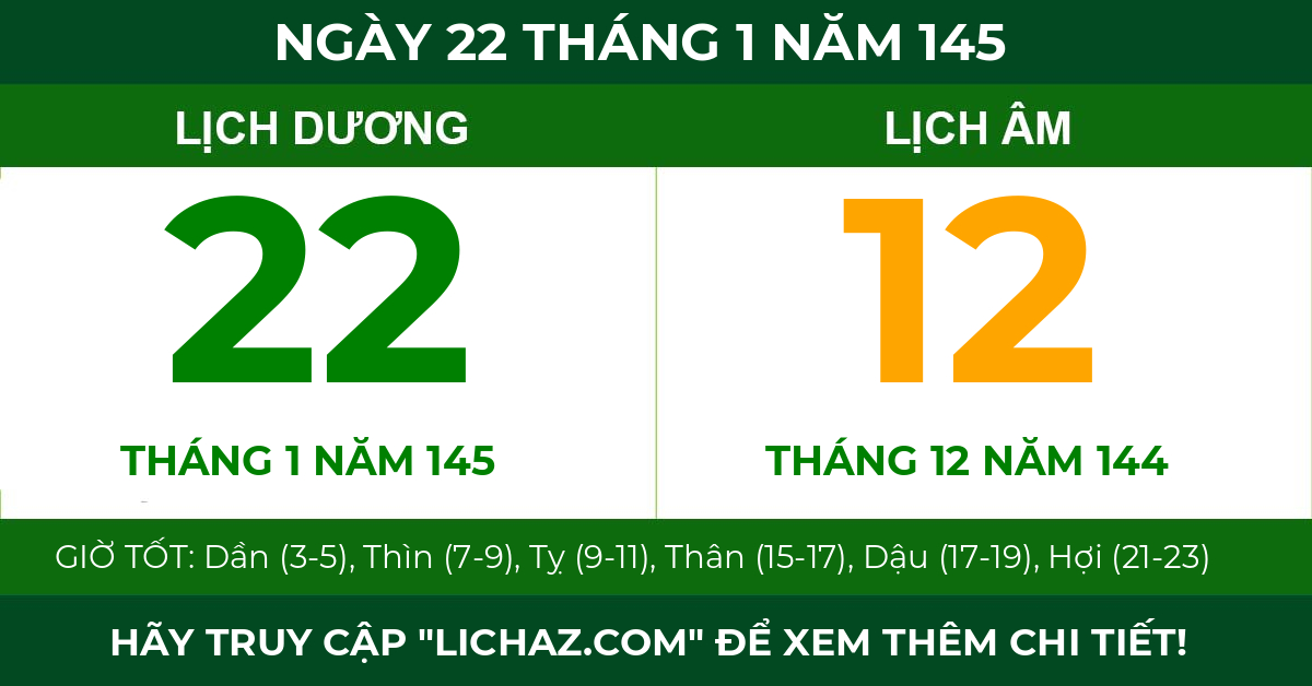 lịch âm ngày 22 tháng 1 năm 145
