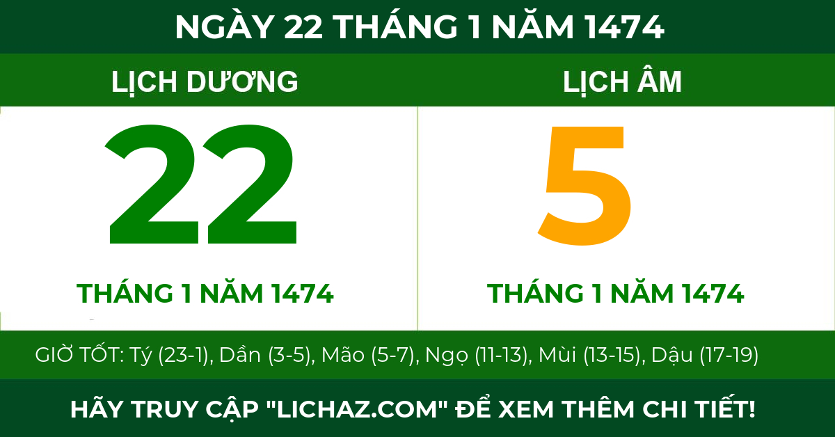lịch âm ngày 22 tháng 1 năm 1474