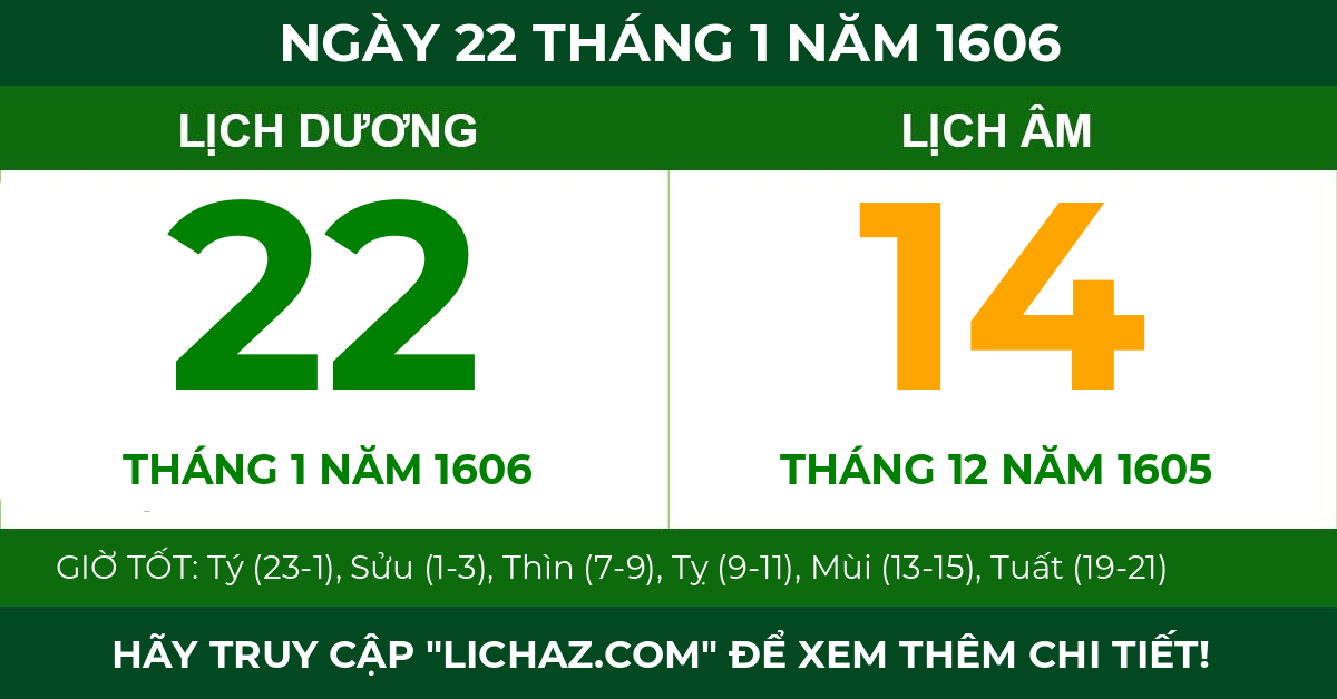 lịch âm ngày 22 tháng 1 năm 1606