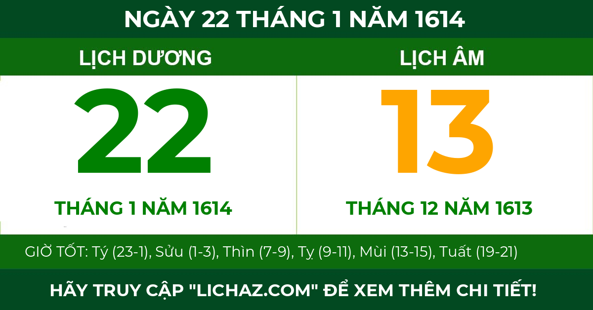 lịch âm ngày 22 tháng 1 năm 1614