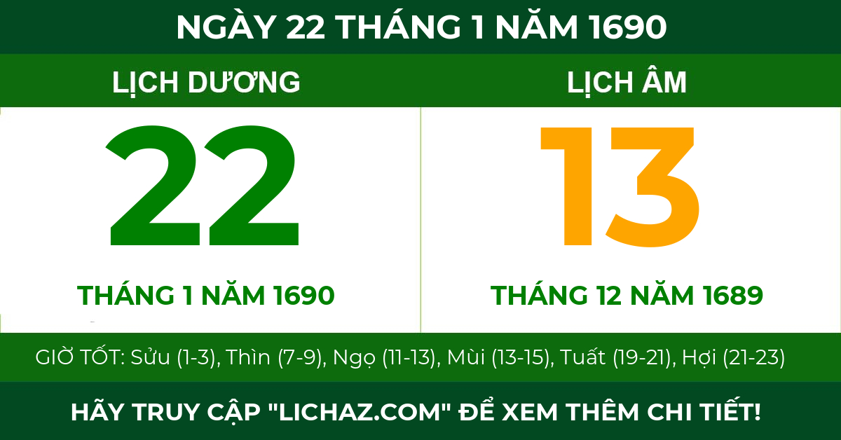 lịch âm ngày 22 tháng 1 năm 1690