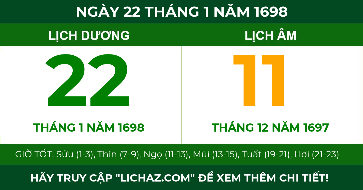 lịch âm ngày 22 tháng 1 năm 1698