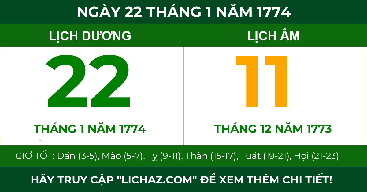 lịch âm ngày 22 tháng 1 năm 1774