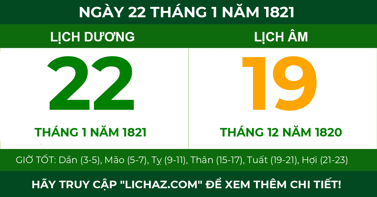 lịch âm ngày 22 tháng 1 năm 1821