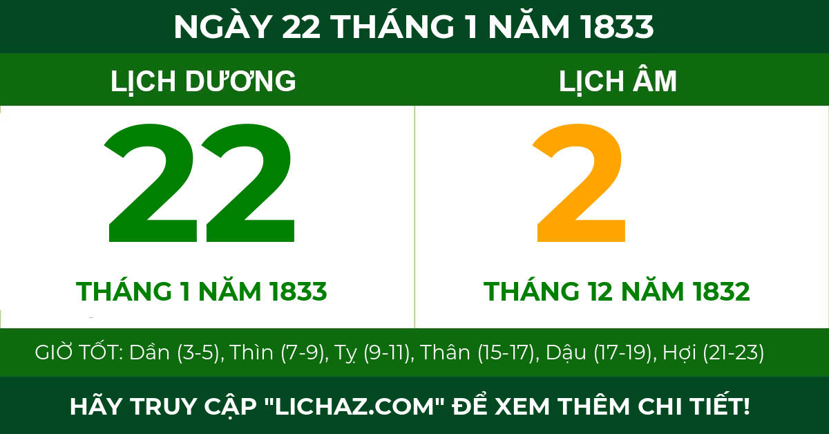 lịch âm ngày 22 tháng 1 năm 1833