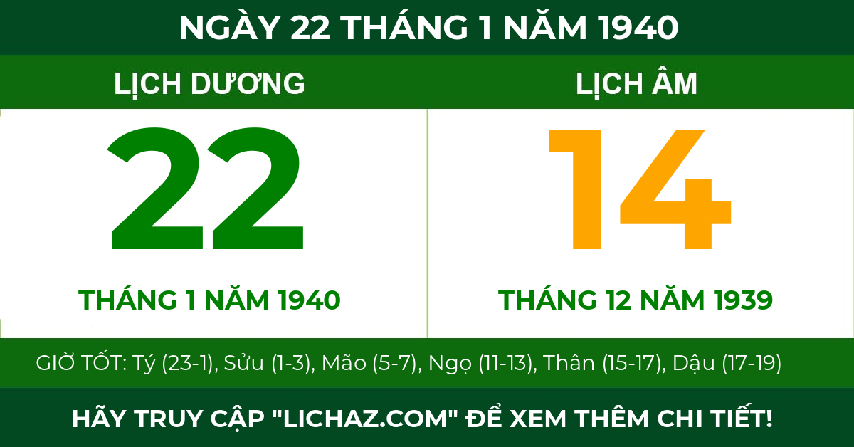 lịch âm ngày 22 tháng 1 năm 1940