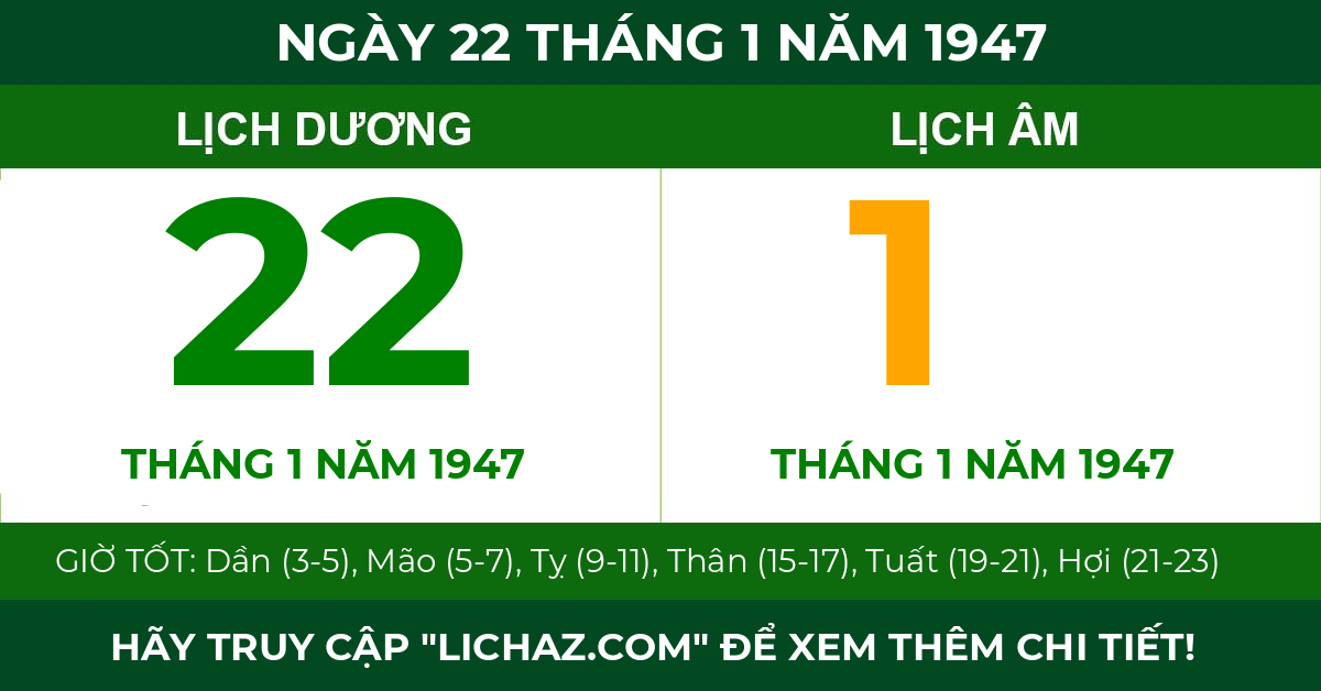 lịch âm ngày 22 tháng 1 năm 1947