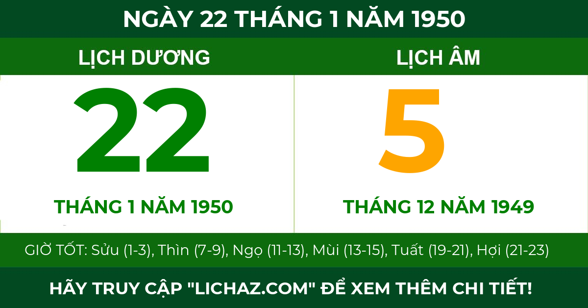 lịch âm ngày 22 tháng 1 năm 1950