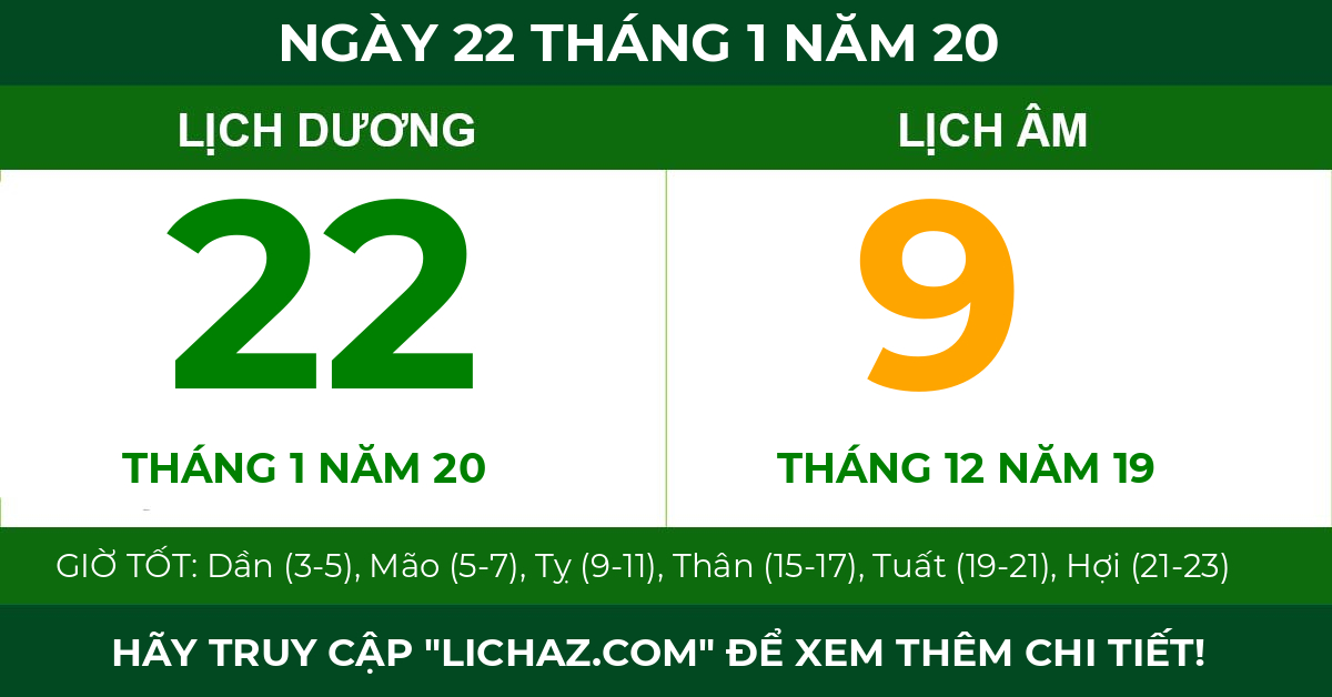 lịch âm ngày 22 tháng 1 năm 20