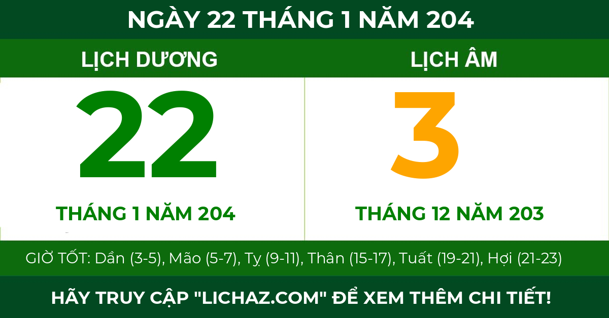 lịch âm ngày 22 tháng 1 năm 204
