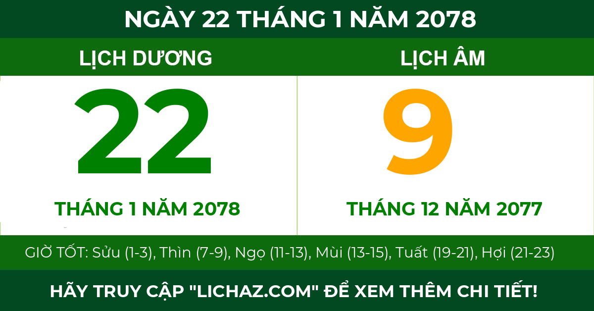 lịch âm ngày 22 tháng 1 năm 2078