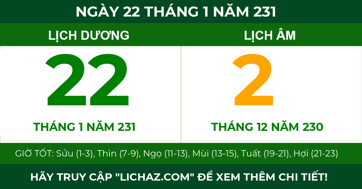 lịch âm ngày 22 tháng 1 năm 231