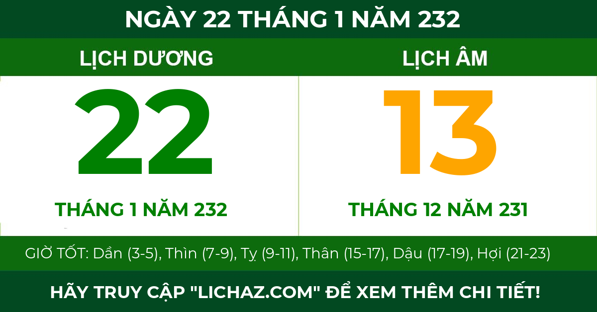 lịch âm ngày 22 tháng 1 năm 232