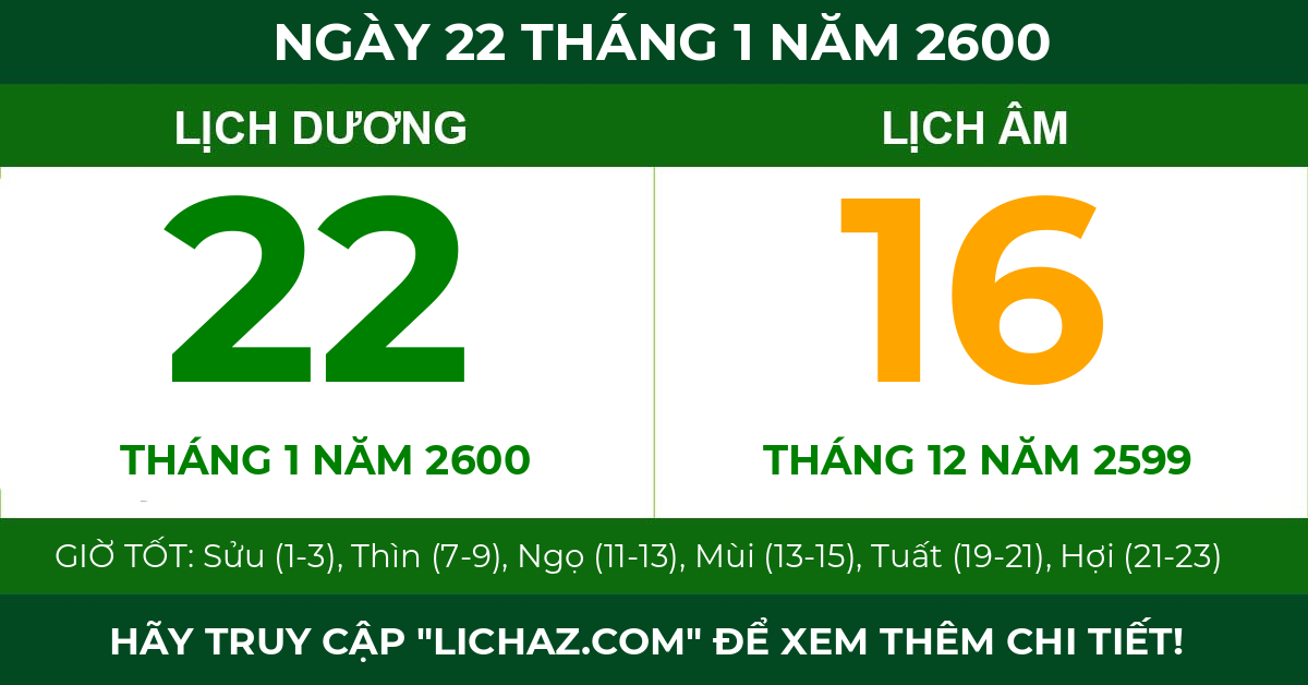 lịch âm ngày 22 tháng 1 năm 2600
