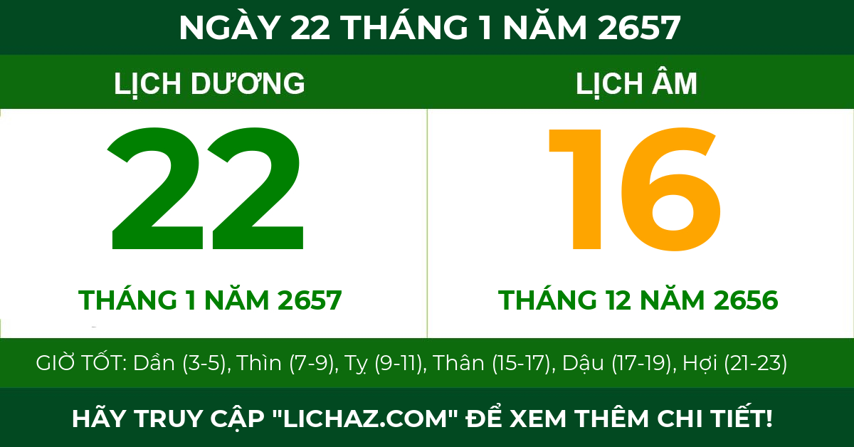 lịch âm ngày 22 tháng 1 năm 2657
