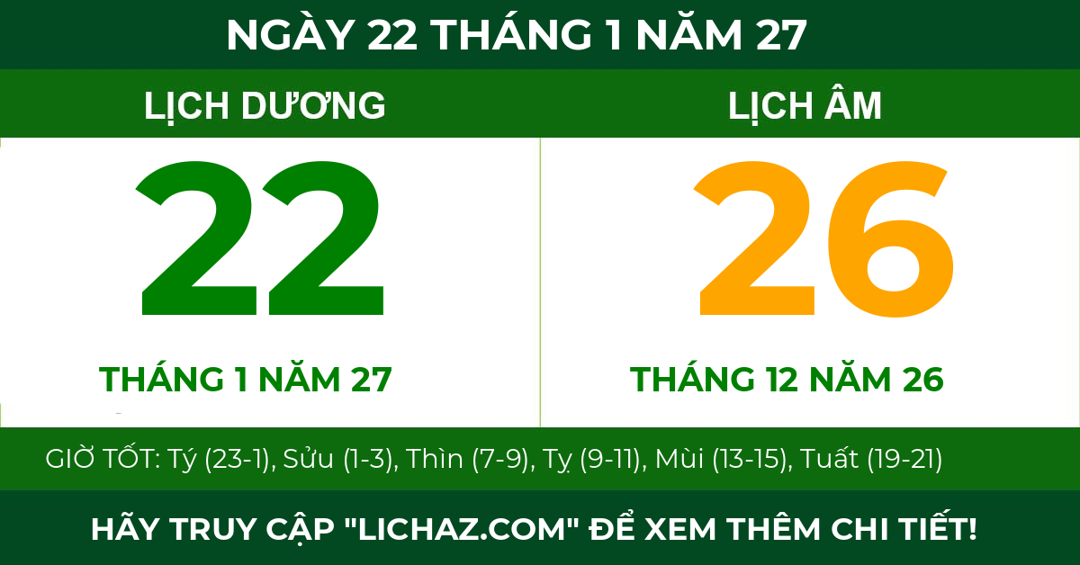 lịch âm ngày 22 tháng 1 năm 27