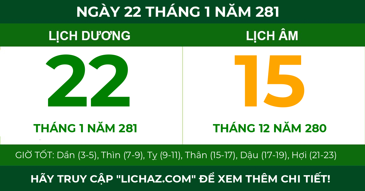 lịch âm ngày 22 tháng 1 năm 281