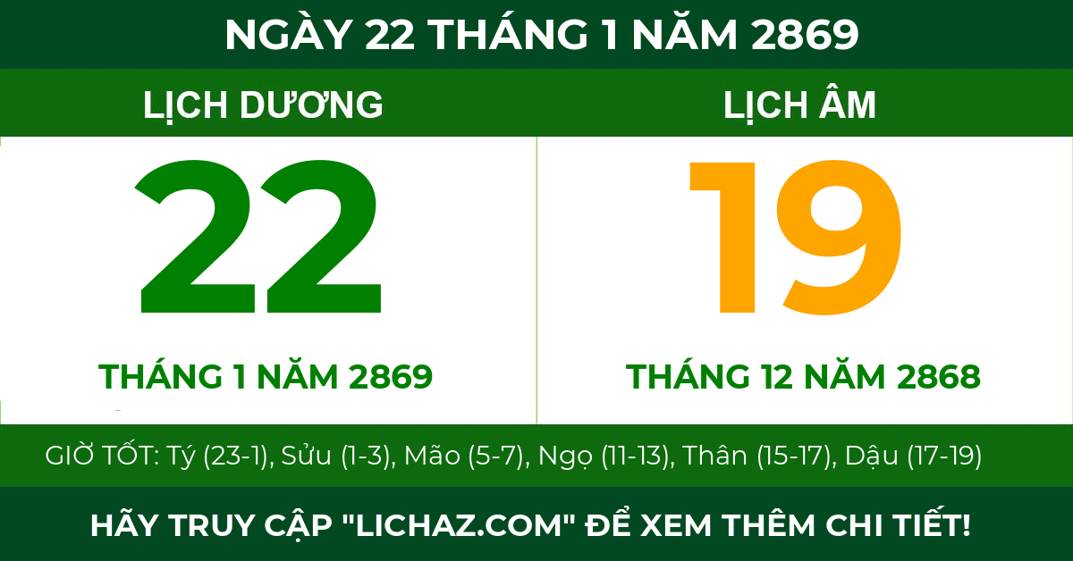 lịch âm ngày 22 tháng 1 năm 2869