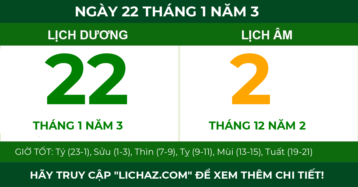 lịch âm ngày 22 tháng 1 năm 3