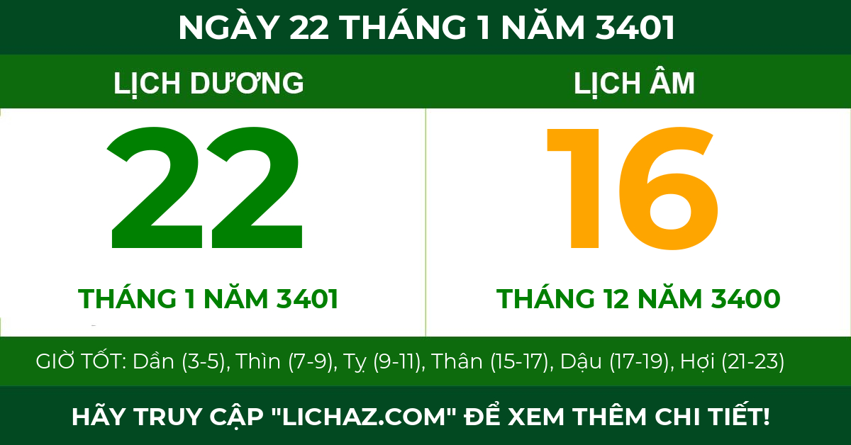 lịch âm ngày 22 tháng 1 năm 3401