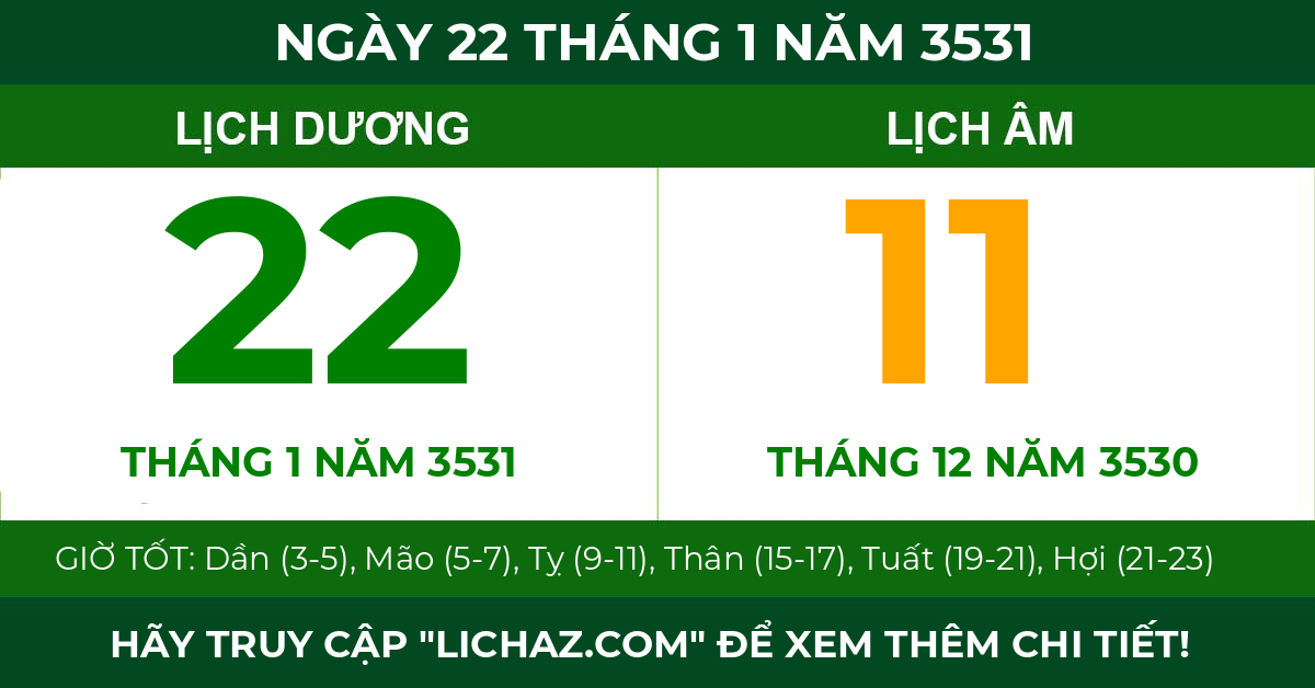 lịch âm ngày 22 tháng 1 năm 3531