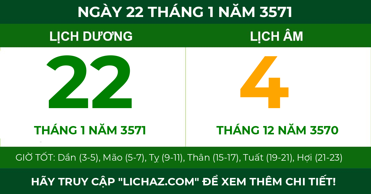 lịch âm ngày 22 tháng 1 năm 3571