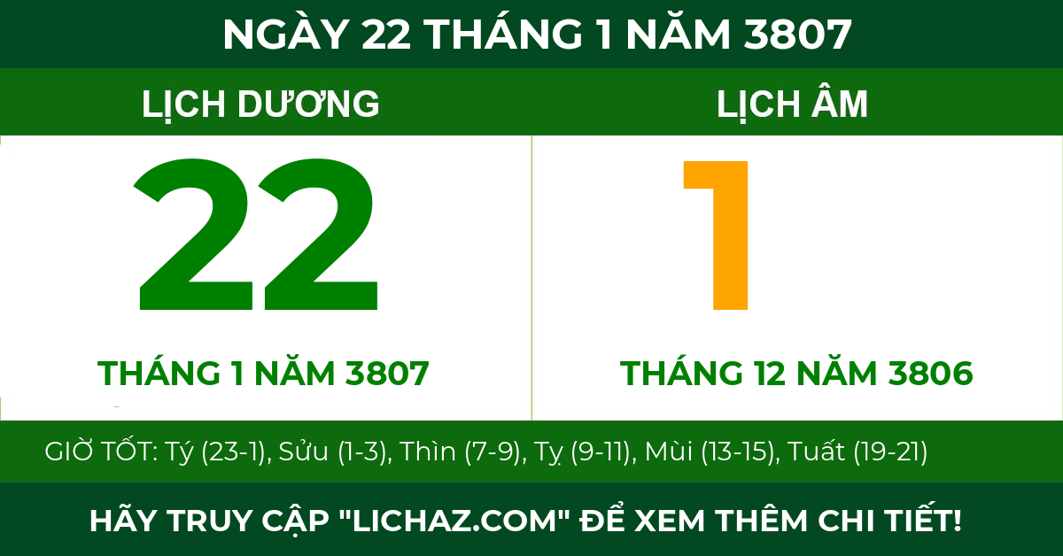 lịch âm ngày 22 tháng 1 năm 3807