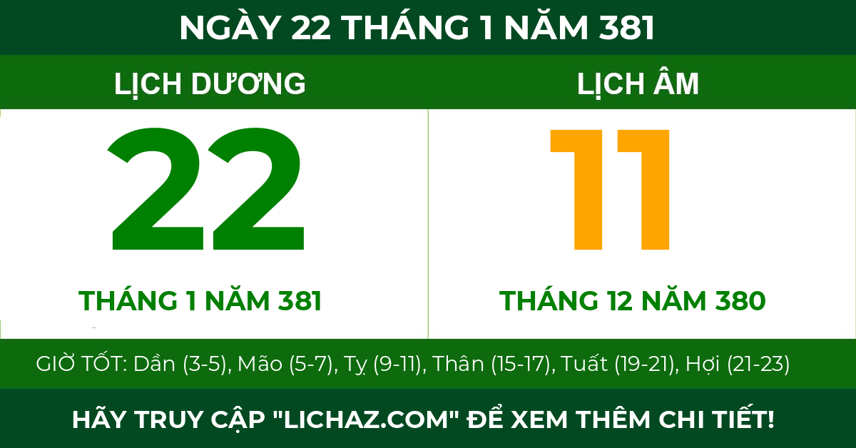 lịch âm ngày 22 tháng 1 năm 381