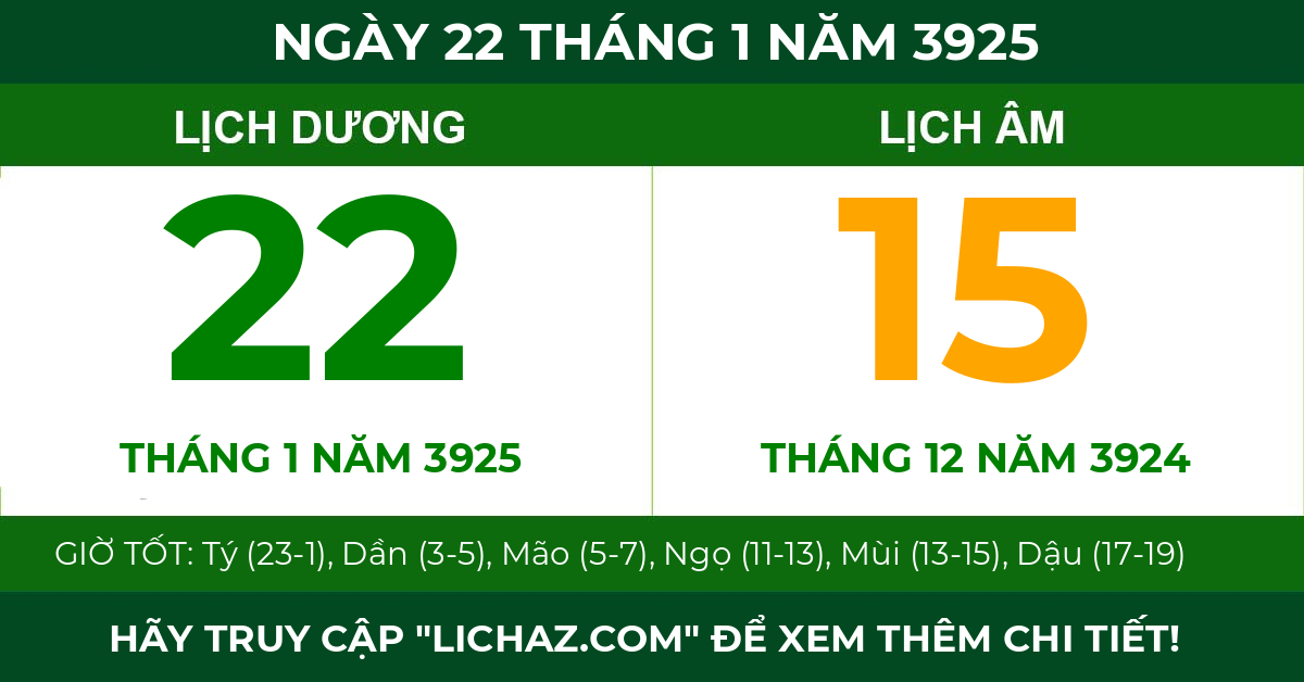 lịch âm ngày 22 tháng 1 năm 3925
