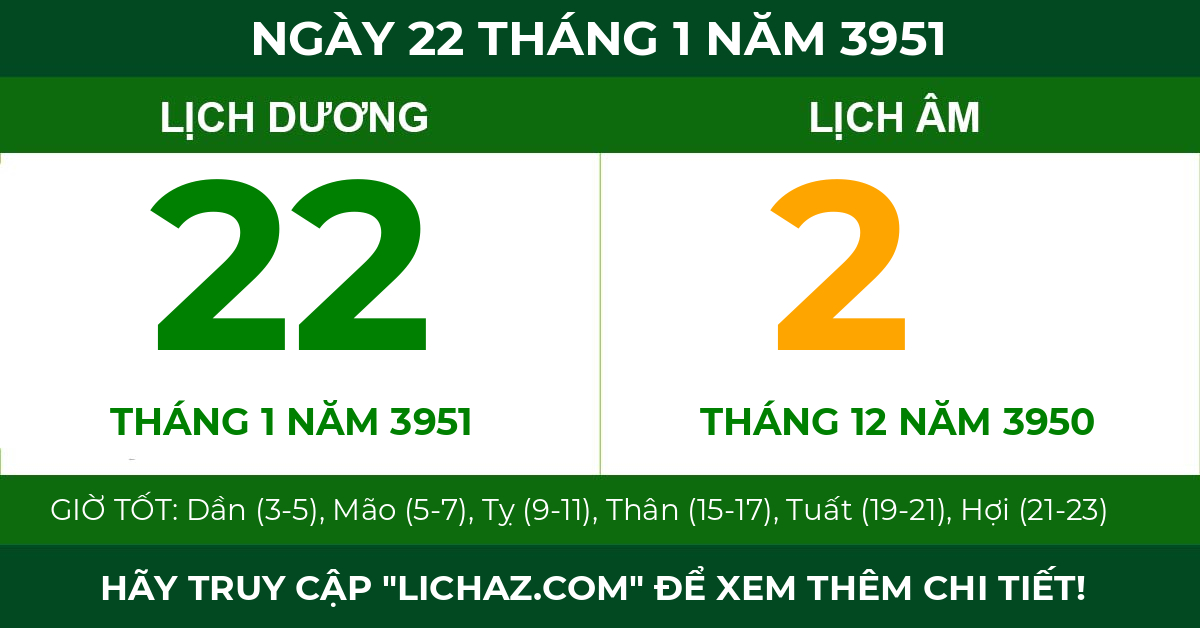 lịch âm ngày 22 tháng 1 năm 3951