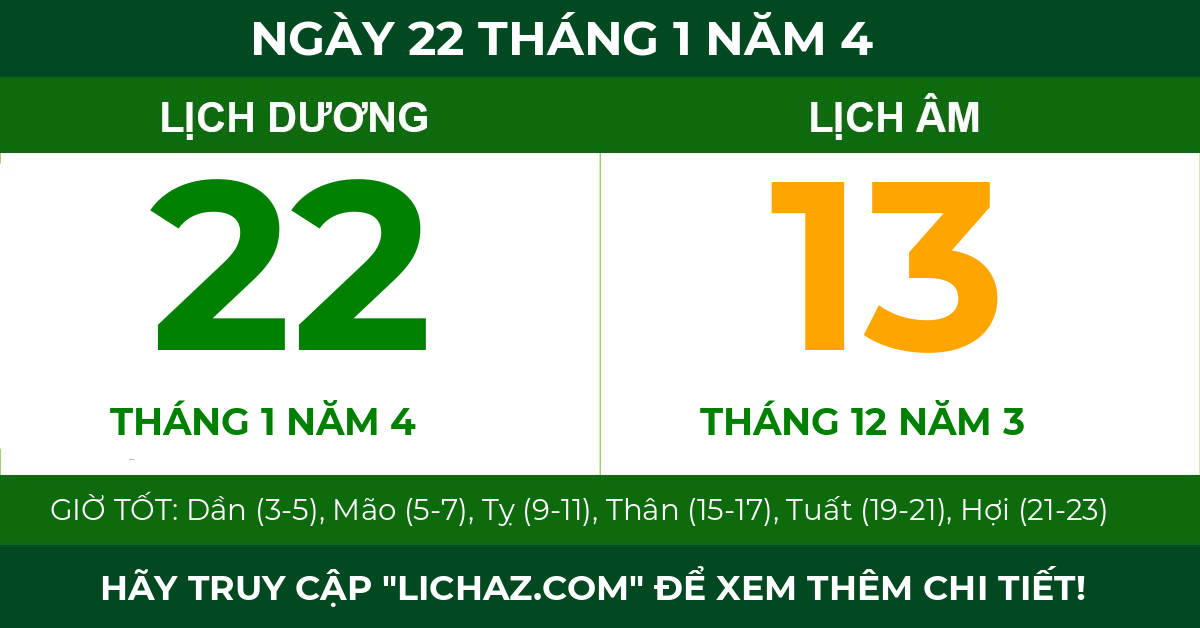 lịch âm ngày 22 tháng 1 năm 4