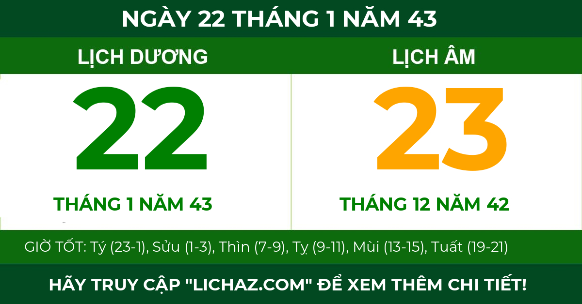 lịch âm ngày 22 tháng 1 năm 43