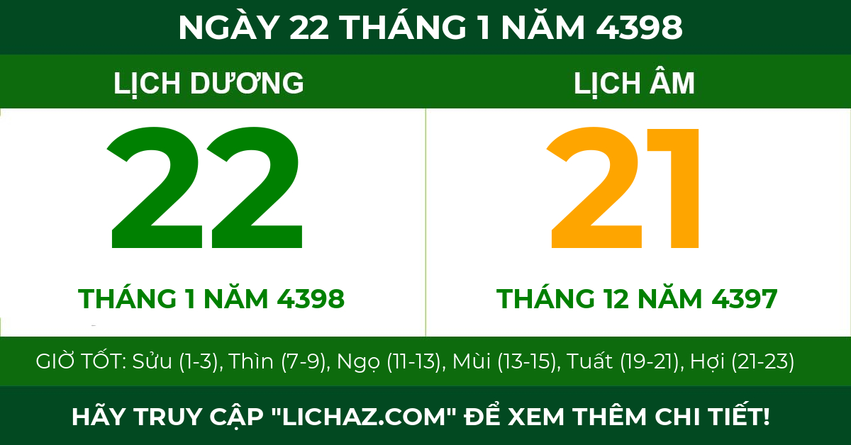 lịch âm ngày 22 tháng 1 năm 4398
