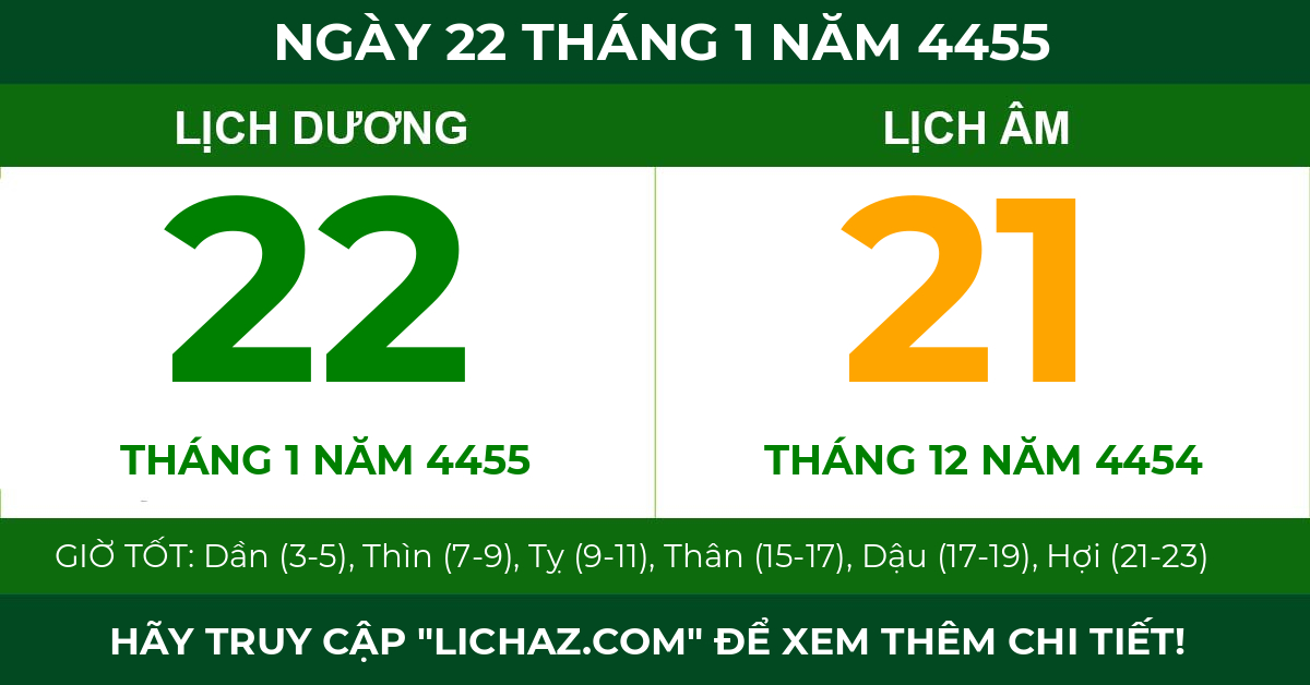 lịch âm ngày 22 tháng 1 năm 4455