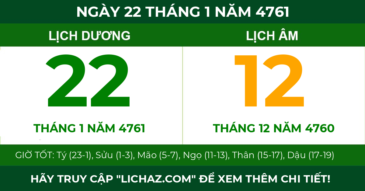lịch âm ngày 22 tháng 1 năm 4761