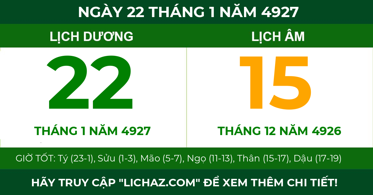 lịch âm ngày 22 tháng 1 năm 4927