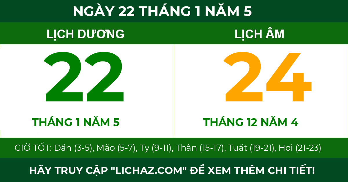 lịch âm ngày 22 tháng 1 năm 5