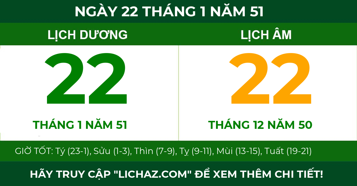 lịch âm ngày 22 tháng 1 năm 51